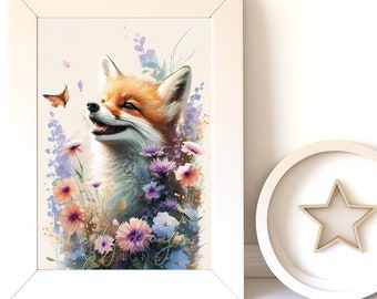 Digital Download |  Baby Fox v9 | Printable Art | Digital Prints Wall Art | Art Prints | Digital Painting | AI Art Print | Watercolor Art