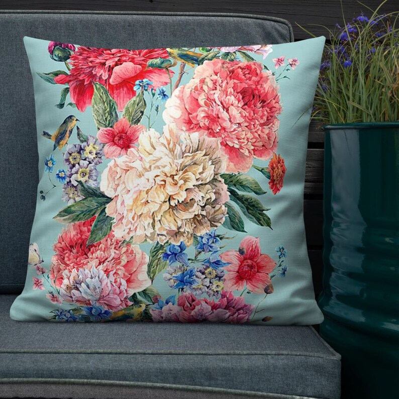 Pink and White Peonies Peonies and Bird Premium Pillow Light Blue Pillow Flowers Decorative Pillow 22x22 Floral Cushion and Cover