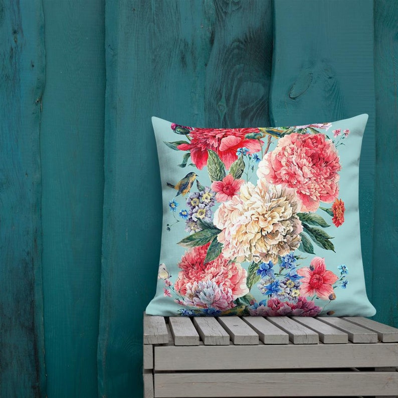 Pink and White Peonies Peonies and Bird Premium Pillow Light Blue Pillow Flowers Decorative Pillow 22x22 Floral Cushion and Cover
