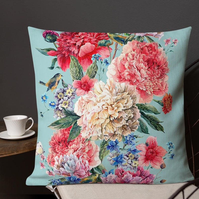 Pink and White Peonies Peonies and Bird Premium Pillow Light Blue Pillow Flowers Decorative Pillow 22x22 Floral Cushion and Cover