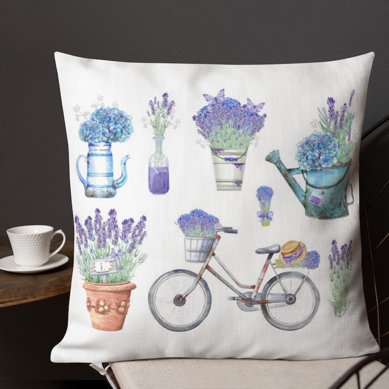 Lavender Cushion and Cover Old Bike and Lavender Decorative Premium Pillow Watercolor Flower Lover Pillow 22x22 Floral Throw Pillow