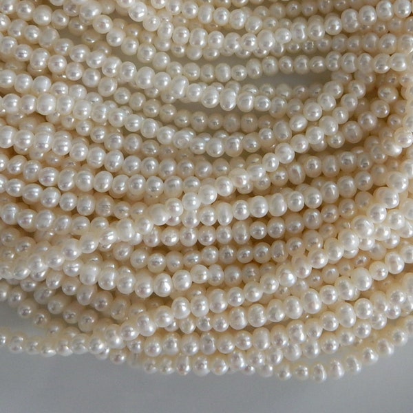 Freshwater Pearl Beads, 3mm - 3.3mm, Tiny Small Seed Pearl, Potato Pearl, Rondelle OFF Round Pearl, Not Round, White Cultured Pearl Strand
