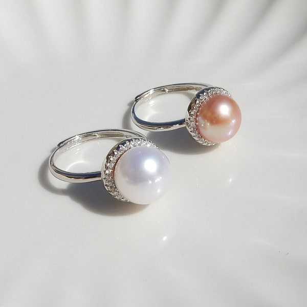 Cultured Pearl Freshwater Pearl Ring CZ, Adjustable Ring, Big Pearl 925 Sterling Silver Ring, Luster White Pearl or Pink Pearl Ring Jewelry