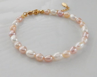 Freshwater Pearl Bracelet, Small Cultured Pearl Bracelet, White Pink Peach Pearl, Natural Pearl Bead Bracelet Gold accents, Gift for her him