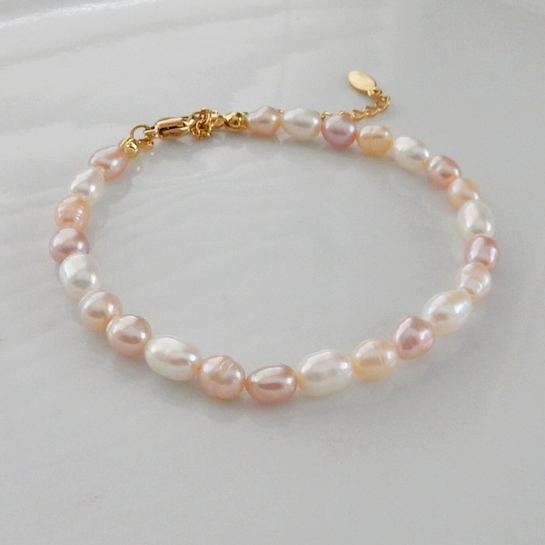 Freshwater Pearl Bracelet, Natural Pearl Bracelet, White Pink Peach Pearl, High Luster, Gold, Cultured Pearl Bead Bracelet, Gift for her him