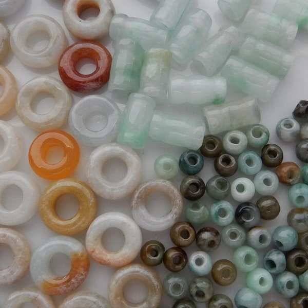 Natural Jade Beads, 4.5mm Small Beads, 10mm Donut Beads Big Hole, Carved Tube Beads, Green Jade, Multicolor Jade, Burma Jadeite Burmese Jade