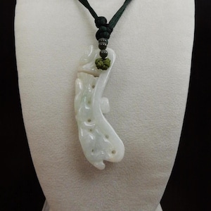 Jade Jadeite Carved Pendant Necklace, Light Green Jade Necklace, Adjustable Length, Large Charm 1&quot; x 3 1/2&quot;, Unique Jewelry Gift for her