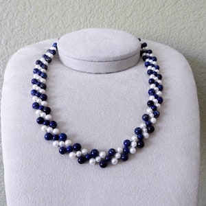 Freshwater Pearl Lapis Lazuli Necklace 16”, Real Cultured Pearl Blue Lapis Gemstone Bead Choker, Gold, Jewelry Gift for Women