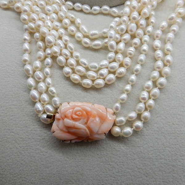 Natural Coral Rose Flower Carved Clasp Freshwater Pearl Multi Strand Twist Necklace, Angel Skin Pink Coral 30mmx21mm Pendant Vintage Jewelry