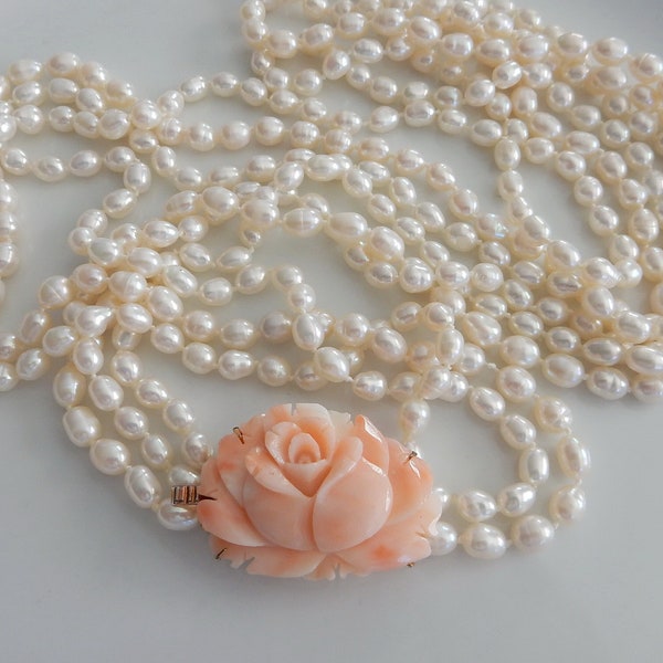 Natural Coral Rose Flower Carved Clasp & Freshwater Pearl MultiStrandTwist Necklace, Angel Skin Pink Coral 34x23.8mm Pendant Vintage Jewelry