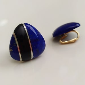 Lapis Lazuli Ear Clips Vintage, 14K Gold Filled 14KGF No Piercing Clip On Earrings Blue Black Gemstone Statement Oversized Jewelry Old Stock