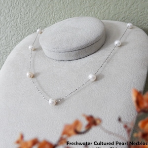 Freshwater Pearl Necklace in 925 Silver, Tincup Necklace 18”, Dainty Pearl Station Necklace, White Cultured Pearl Wedding Necklace Jewelry