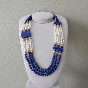 Lapis Lazuli Freshwater Pearl Necklace 32&quot; Long, Real Lapis Gemstone Multi Strand Bead Asymmetric Necklace Jewelry Gold Accent, Gift for her