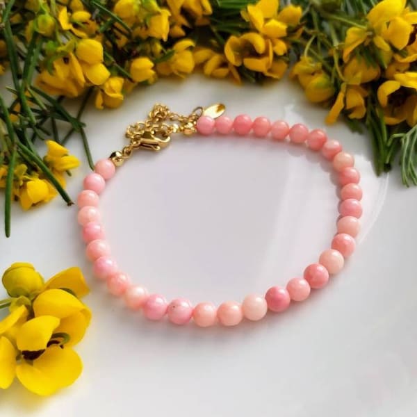 Natural Pink Coral Bracelet, Real Coral Bead Bracelet, 18K Gold Plated, Dainty Coral Bracelet, Pretty in Pink Coral Jewelry Gift for her him