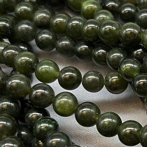 Nephrite Green Jade Beads, 8mm, 6mm, 5mm, 4mm, Old Stock, Vintage, Strand 15.5&quot;, Green Taiwan Jade, Olive Green Nephrite Round Bead Gemstone
