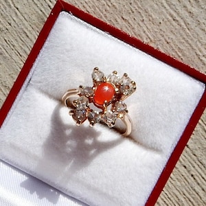 Vintage Coral Ring, Small Red Coral Ring, Ring Size US 5 1/2, 18K Gold Plated Ring, Shiny Cocktail Ring, Antique Coral Jewelry Gift for her