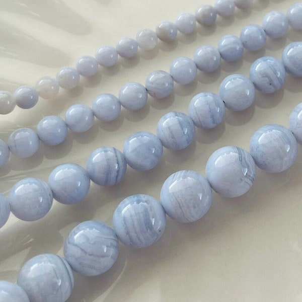 Blue Lace Agate Beads, 8mm, 10mm, 6mm, 5mm, Strand 15.5" Natural Blue Lace Chalcedony Gemstone Round Bead AAA, Real Blue Lace Agate Polished