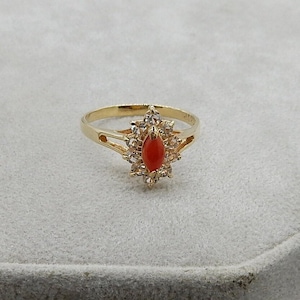 Vintage Coral Ring, Mini Red Coral Ring, Vintage 18K Gold Plated Ring Size 5 3/4, Dainty Coral Pinky Ring Stacking Ring Jewelry Gift for her