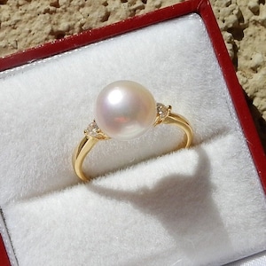 Freshwater Pearl Ring with CZ, 8mm-9mm White Cultured Pearl Ring, Gold Plated 925 Silver Ring, Adjustable Open Ring, Pearl Jewelry Gift Idea