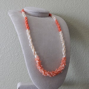 Natural Coral and Freshwater Pearl Necklace, 23.5&quot;, Pink Coral Orange Sea Coral, Multi Strand Twist Necklace, Never Worn Vintage Jewelry