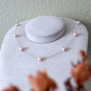 Pink Pearl Necklace in 925 Silver, Freshwater Cultured Pearl Tincup Necklace 18”, Dainty Pearl Station Necklace Wedding Jewelry Gift for her