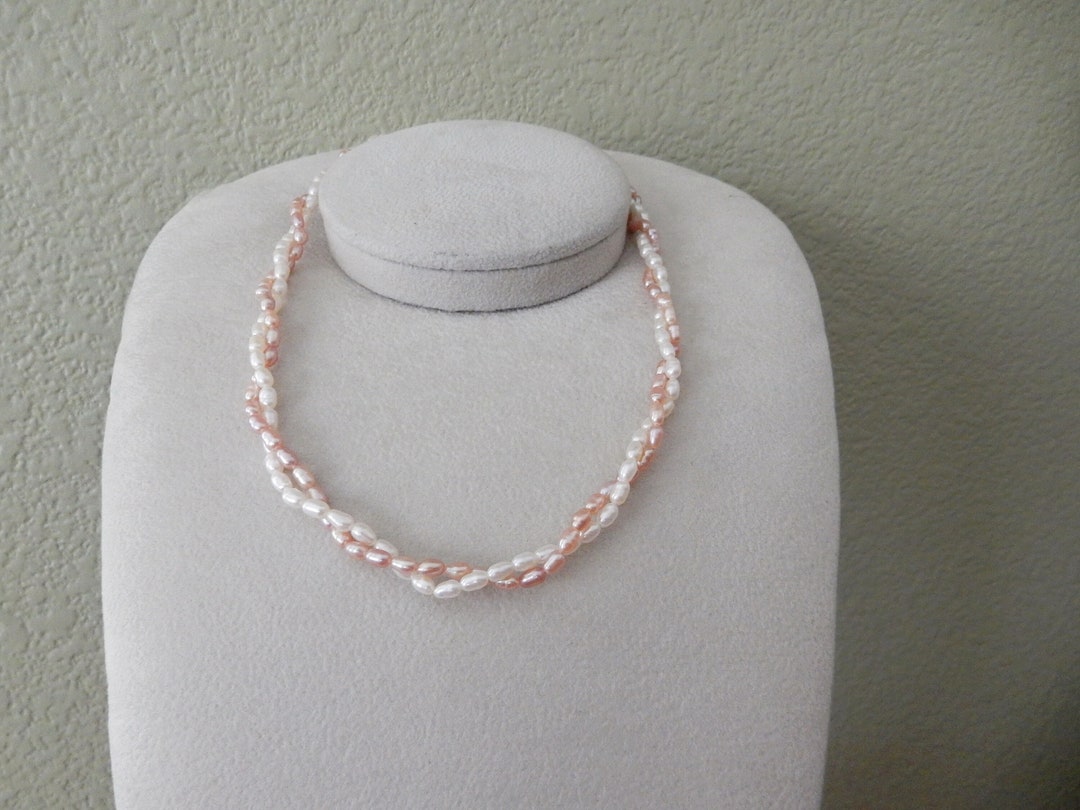 Natural Pearl Twisted Necklace, White Pearl and Pink Pearl Beaded Necklace, Gold, Lustrous Pearl
