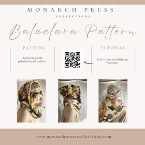 Könnte beinhalten: Eine digitale Illustration eines Balaclava-Musters mit einem QR-Code und Text, der "Minimaler Abfall, druckbares PDF-Muster" und "Kostenloses Video auf Youtube verfügbar" lautet.