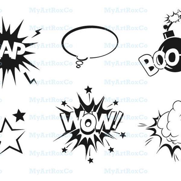 Pop Art Schablonen, Comic Schablonen. Superhelden Schablone. Wow! Boom! Zap! SVG. Text, Grafik, Vektor, Sofortiger Download Illustration