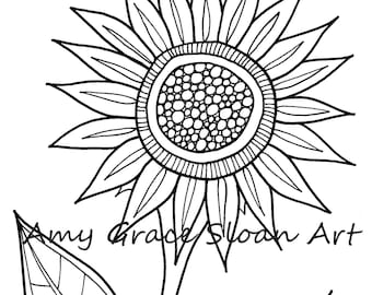 May include: A black and white line drawing of a sunflower with two leaves. The sunflower has a large center with a detailed pattern of circles. The leaves have a detailed pattern of lines.