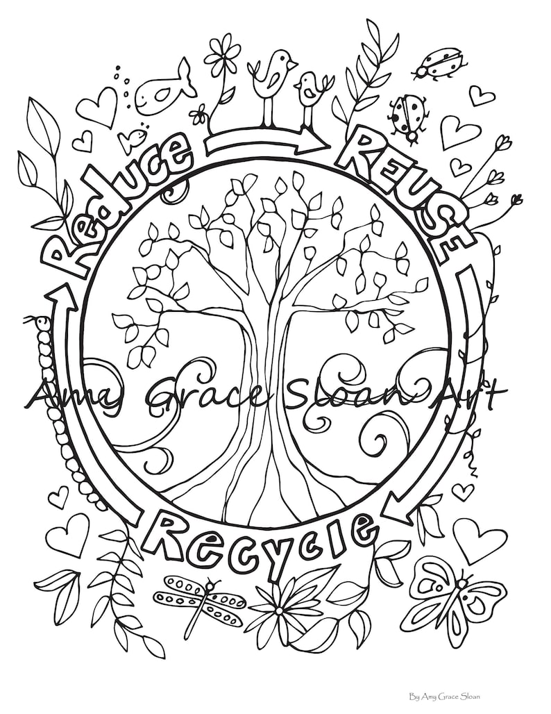 May include: Black and white line art illustration of a tree with roots, leaves, and branches. The tree is surrounded by a circle with the words "Reduce, Reuse, Recycle" written around it. The illustration includes other nature-themed elements like birds, flowers, butterflies, and ladybugs.