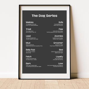 以下が含まれることがあります： 黒い背景に白い文字で「The Dog Series」と題された額入りのプリント。 「Walkies」、「Treat」、「Love」など、犬に関連する単語が短い説明とともにリストされています。 フレームは黒です。