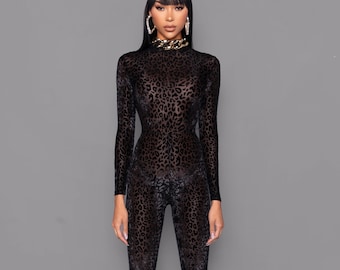 Black Sheer Leopard Print Catsuit