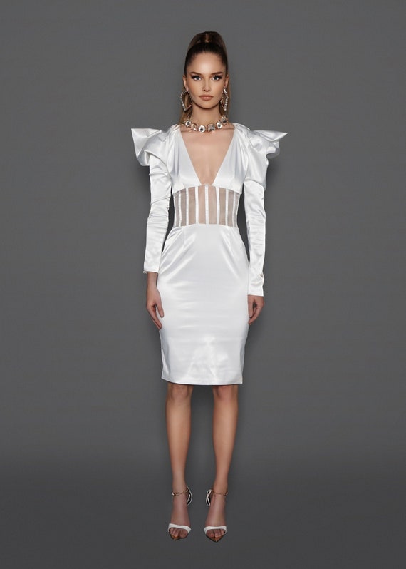 white sheer panel dress White Satin Sheer Panel Midi Dress