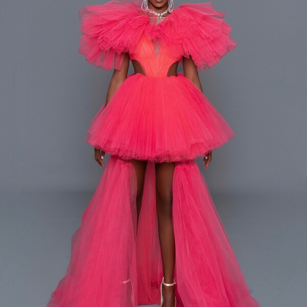 Magenta Pink Flared Tulle Gown