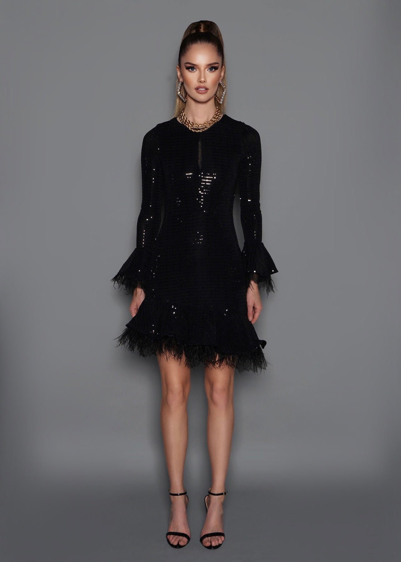 Black sequin dress with feathers hotsell