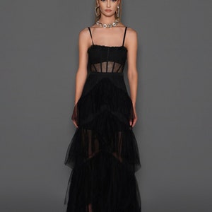 Black Sheer Panel Corset Tulle Maxi Dress image 1