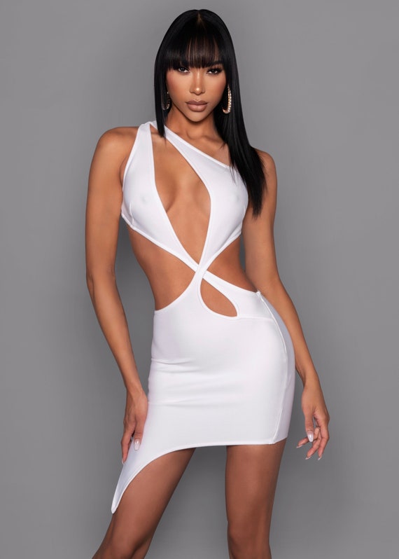 White One Shoulder Cutout Mini Bandage Dress