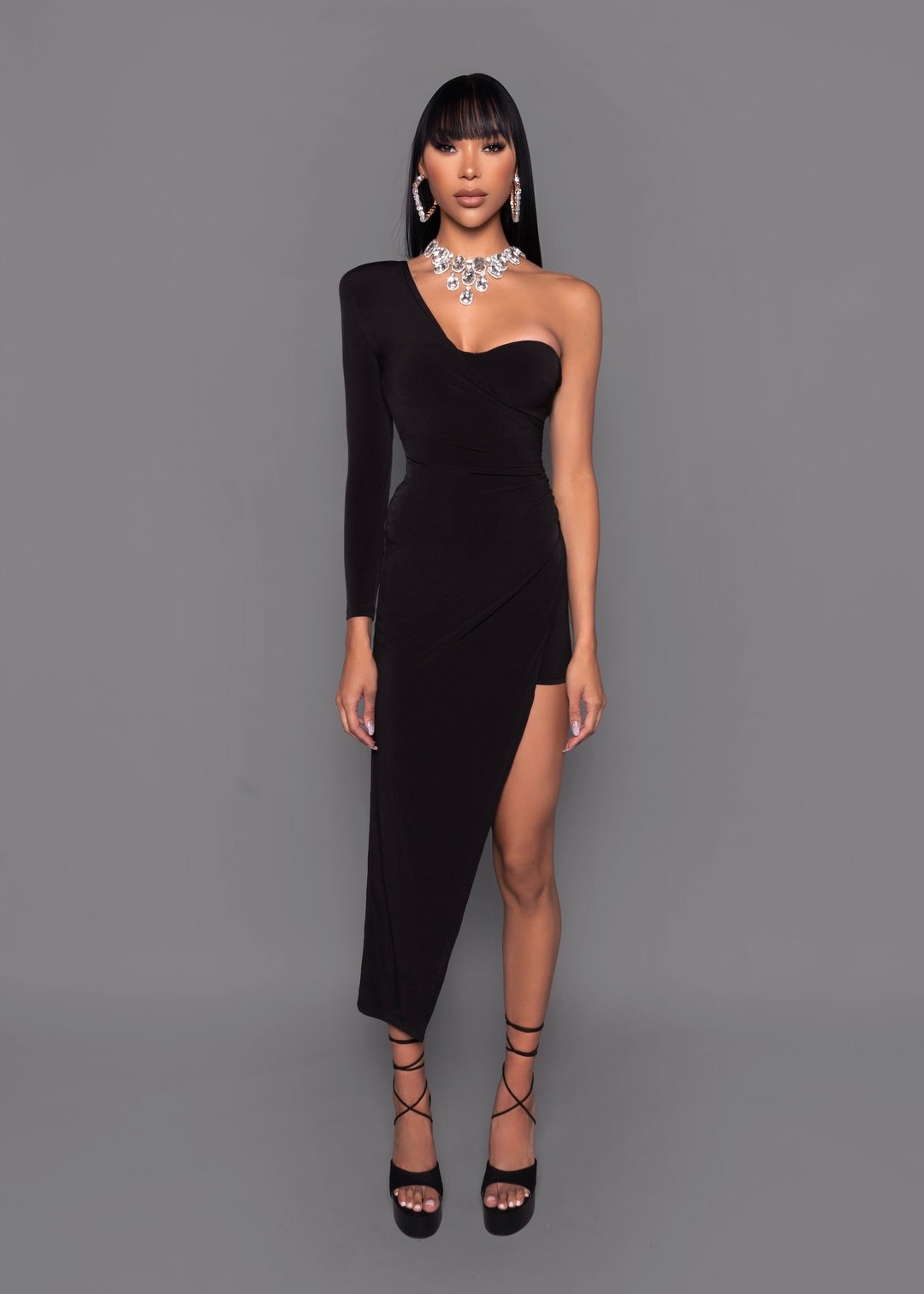 Arianne | Black Asymmetric-Neck Mini Dress With Scarf Detail