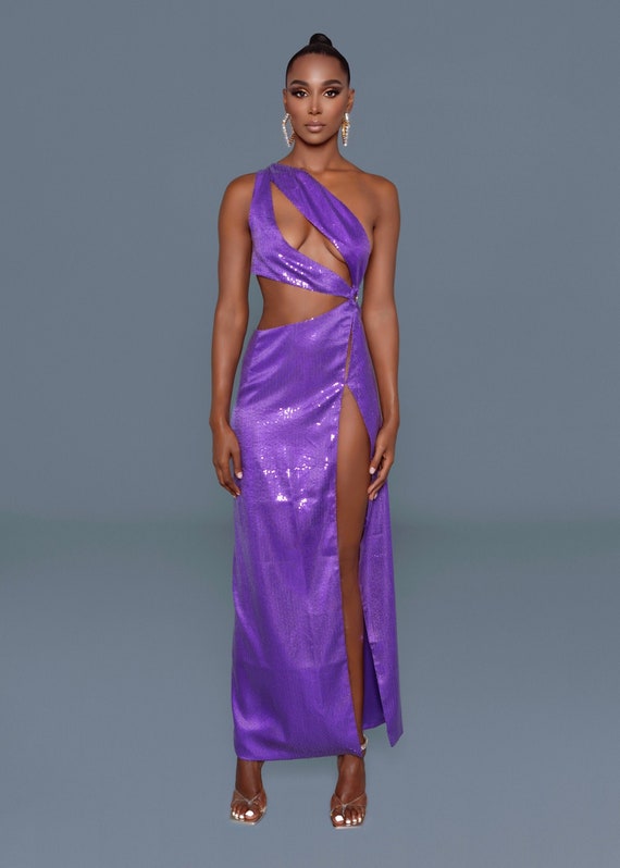 Purple Sequin Cutout Slit Dress Purple Sequin Cutout Slit Dress