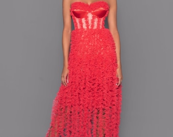 Red Corset Tulle Gown