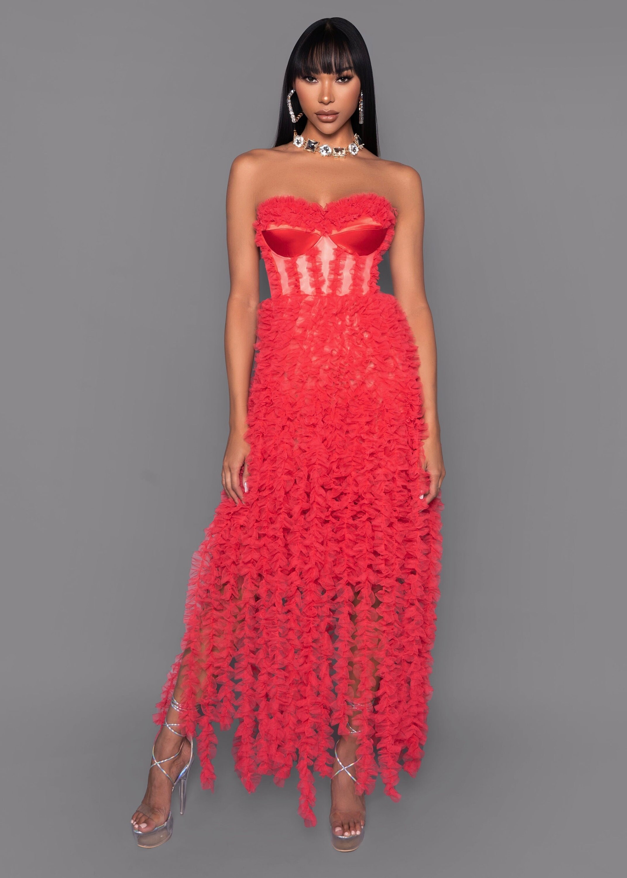 red corset tulle dress Red Straps Illusion Corset Tulle A-line Formal Dress