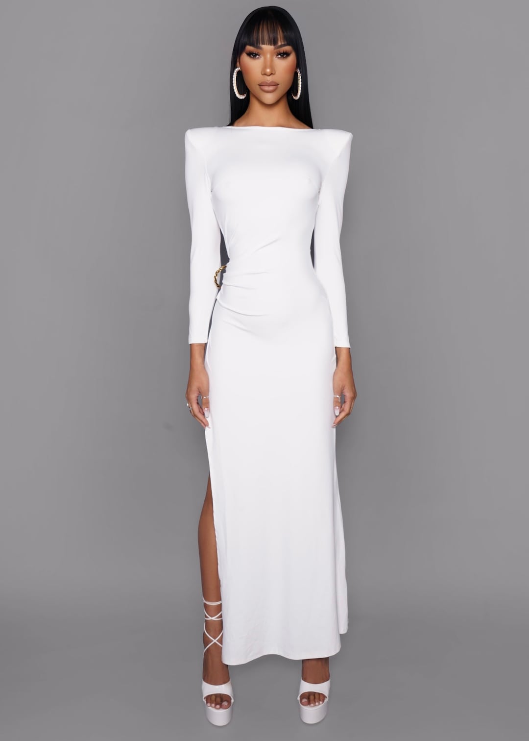 Cutout Back Lace Slit Maxi Dress in White