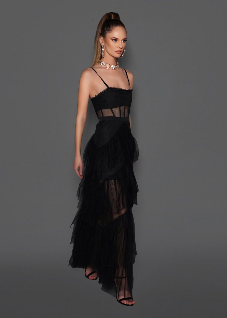 Black Sheer Panel Corset Tulle Maxi Dress image 2