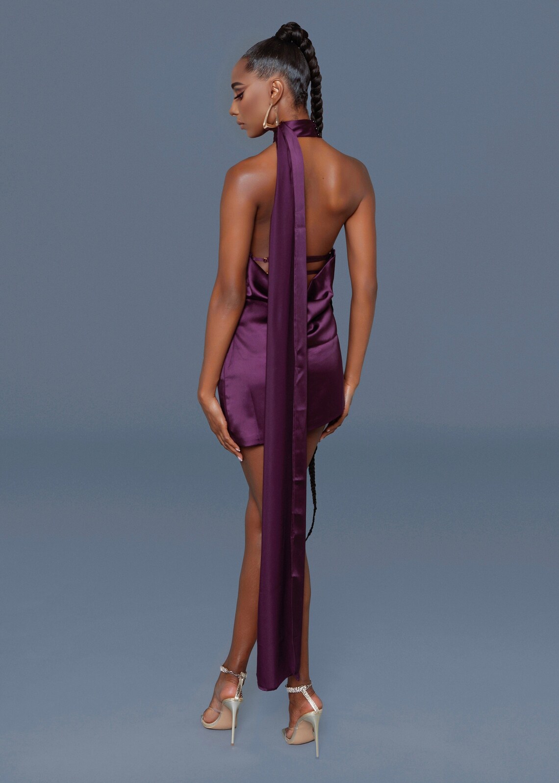 14850 Purple Back Bow Halter Dress