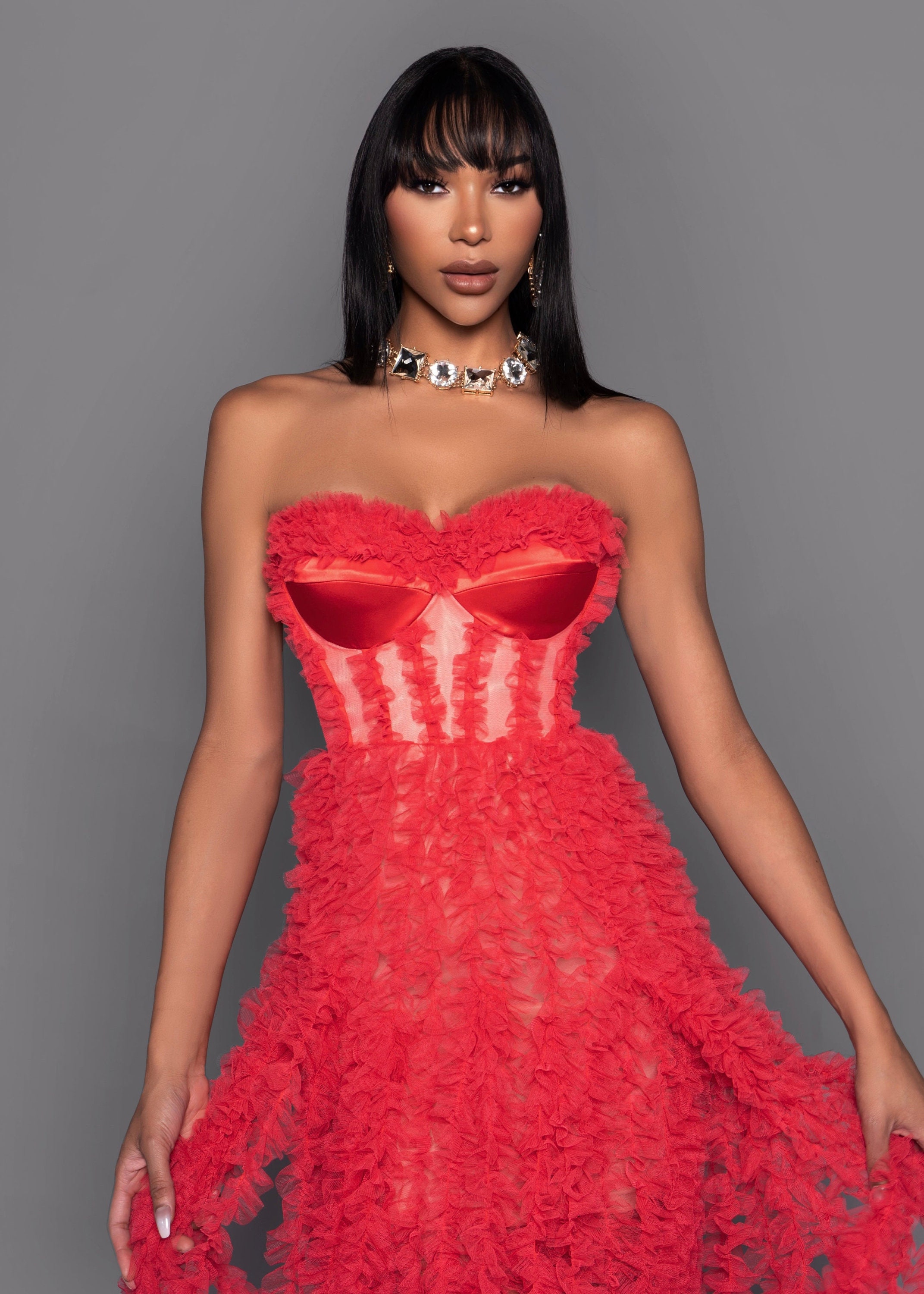 red corset tulle dress Lace & Beads scarf neck corset tulle Mini Dress in Red