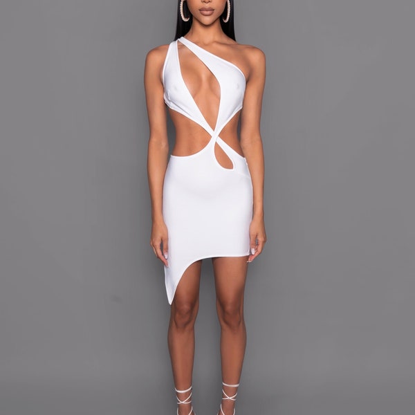 Nude One Shoulder Cutout Mini Bandage Dress