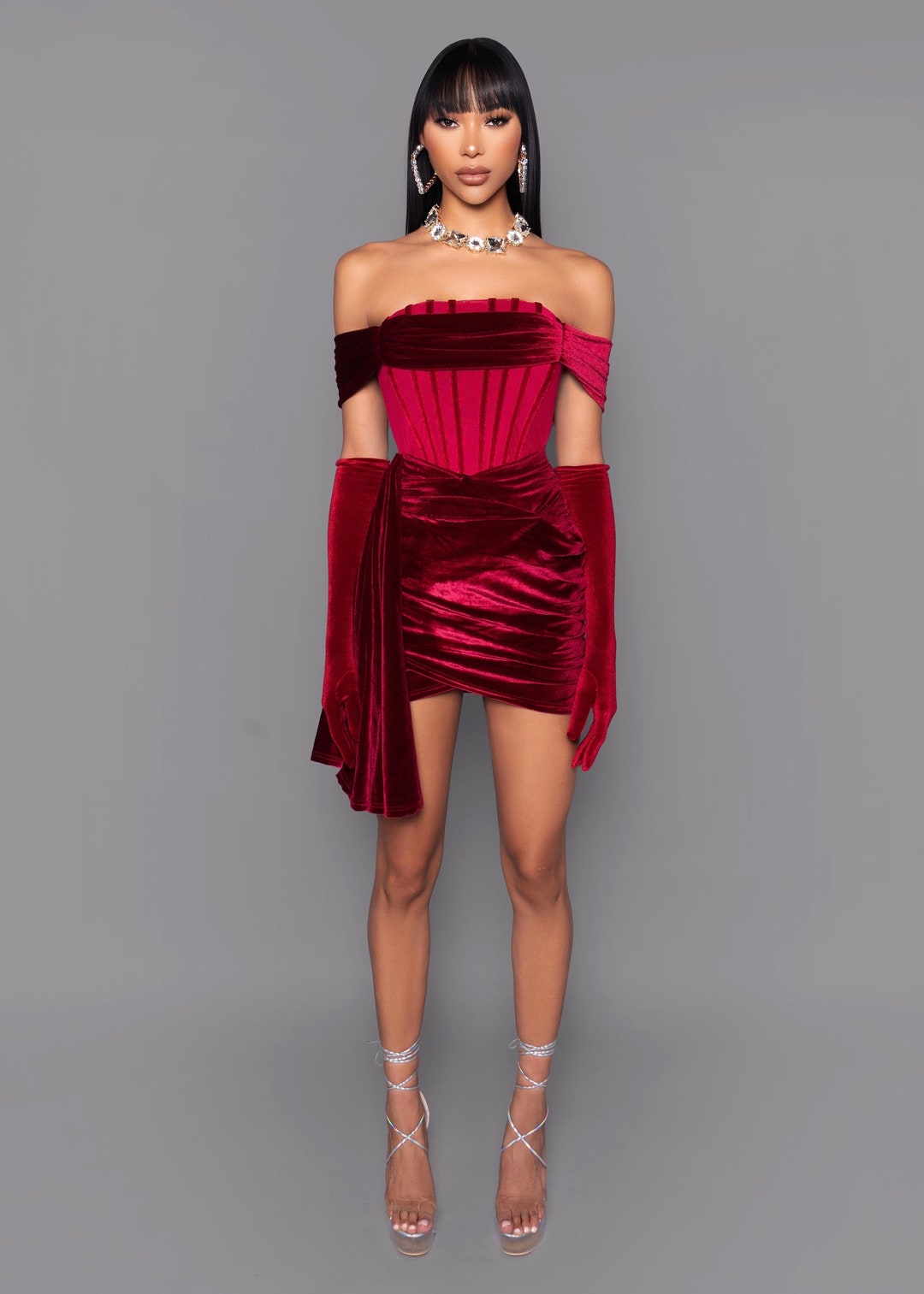 Irem Red Velvet Off-Shoulder Corset Mini Dress main image 0