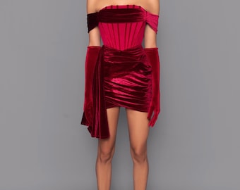 Red Velvet Draped Corset Mini Dress