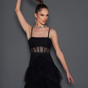 Black Sheer Panel Corset Tulle Maxi Dress image 4