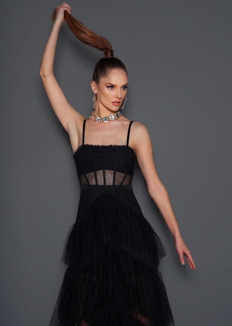 Black Sheer Panel Corset Tulle Maxi Dress image 4